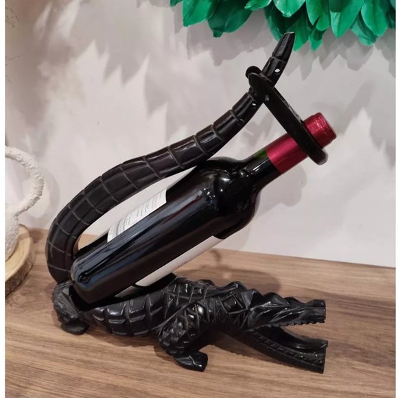 Crocodile Wine Bottle Holder Wooden Display Bar Home African Jungle Safari Decor - Picture 1 of 12